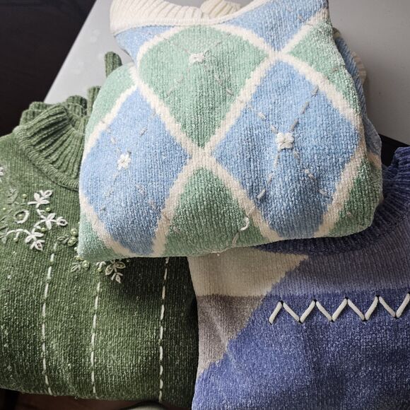 Alfred Dunner Chenille Sweater 3 Pc Set Large Stripe Embroidery Beaded Knit Lot - Picture 1 of 16